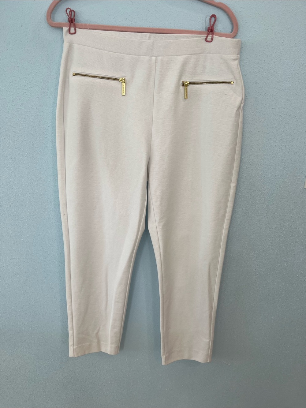 Michael Kors Cream Cropped Pull-On Ankle Pants with Gold Zips